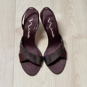 Dressy Slingback in Brown Satin w/ Bronze Metallic detail across toes